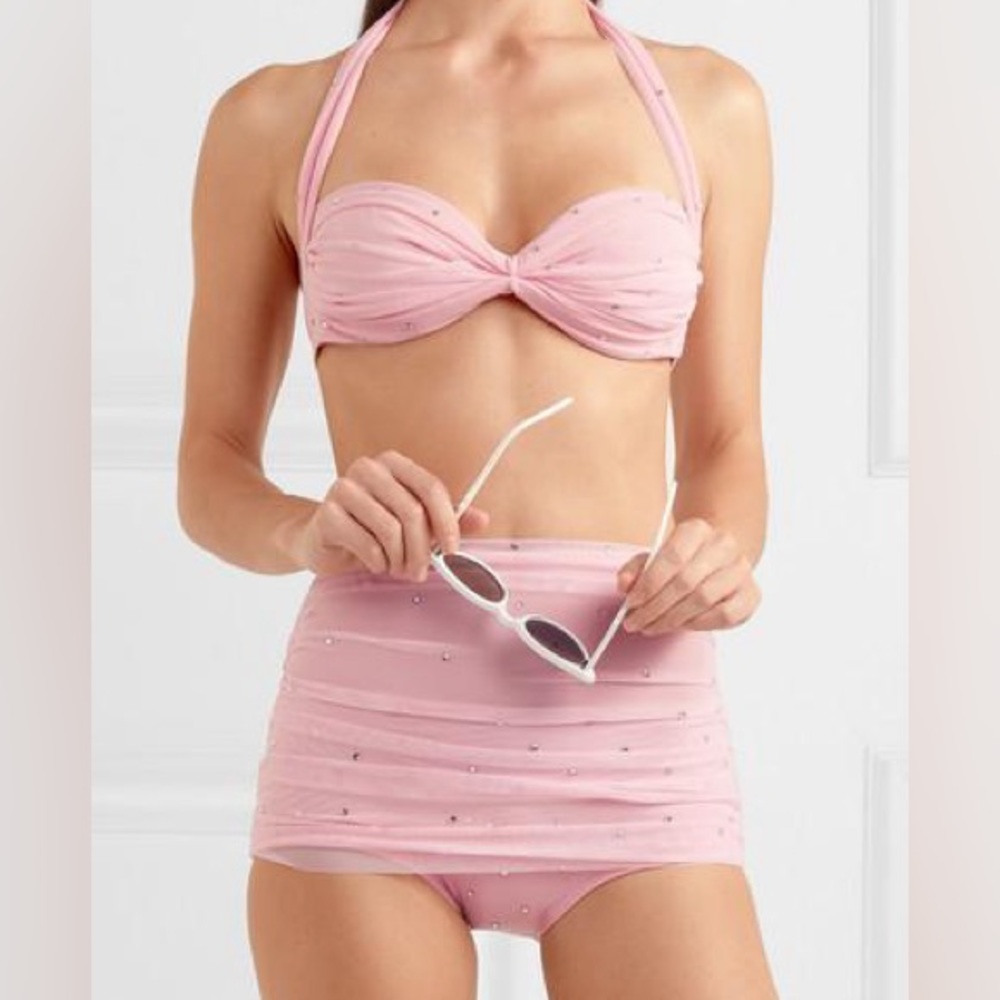Norma Kamali Rhinestone Bill Bra and Bottom swimsuit in color Bubblegum.
